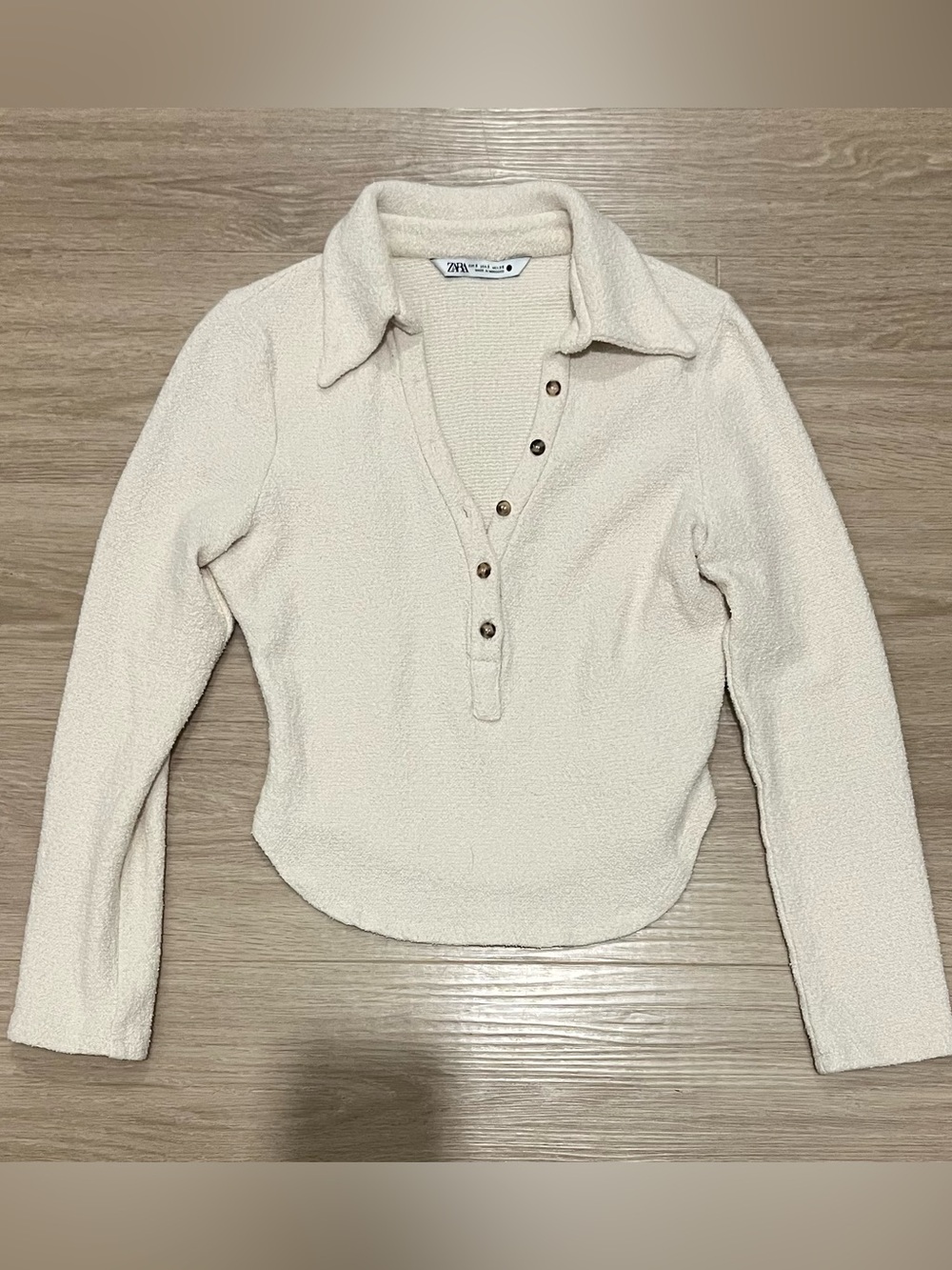 Zara Cream Button-Up Textured Polo Sweatshirt